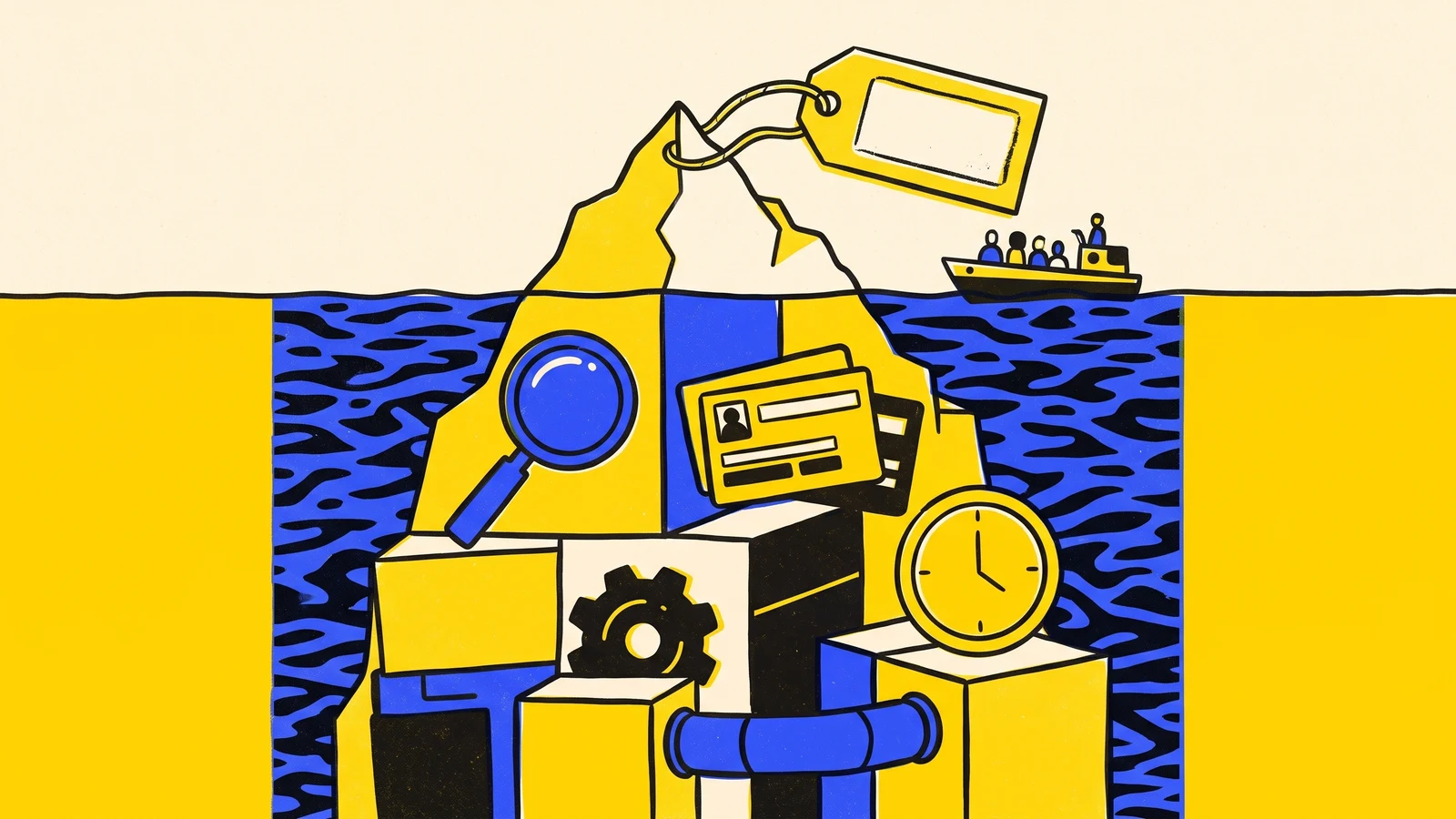 Risograph print of an iceberg whose tip is a price tag, its hidden mass made of stacked blocks: a magnifying glass, duplicate contact cards, a gear, a clock