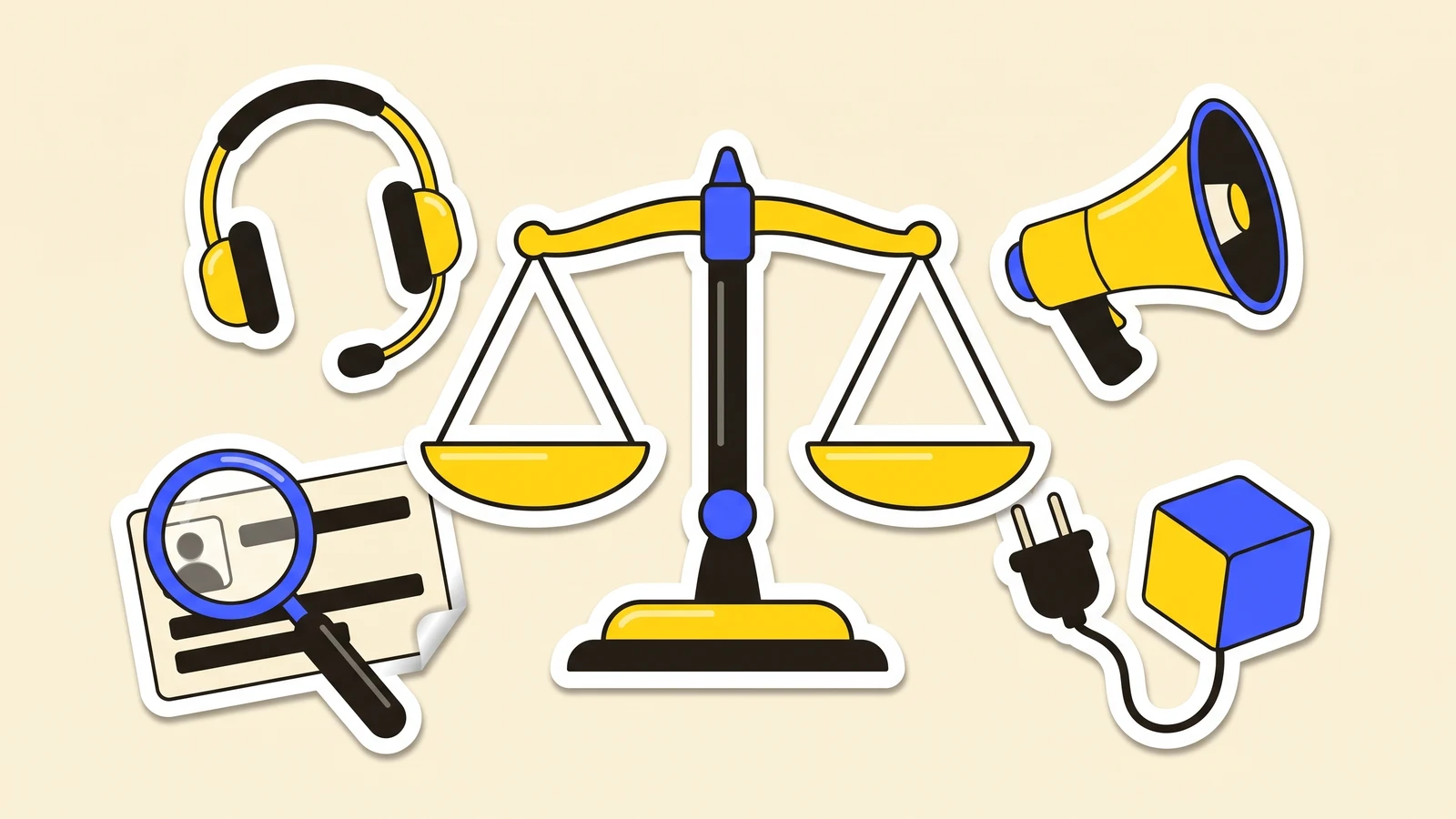 Vinyl stickers on cream around a balance scale: a call headset, a megaphone, a magnifying glass on a contact card and a plugged-in data box