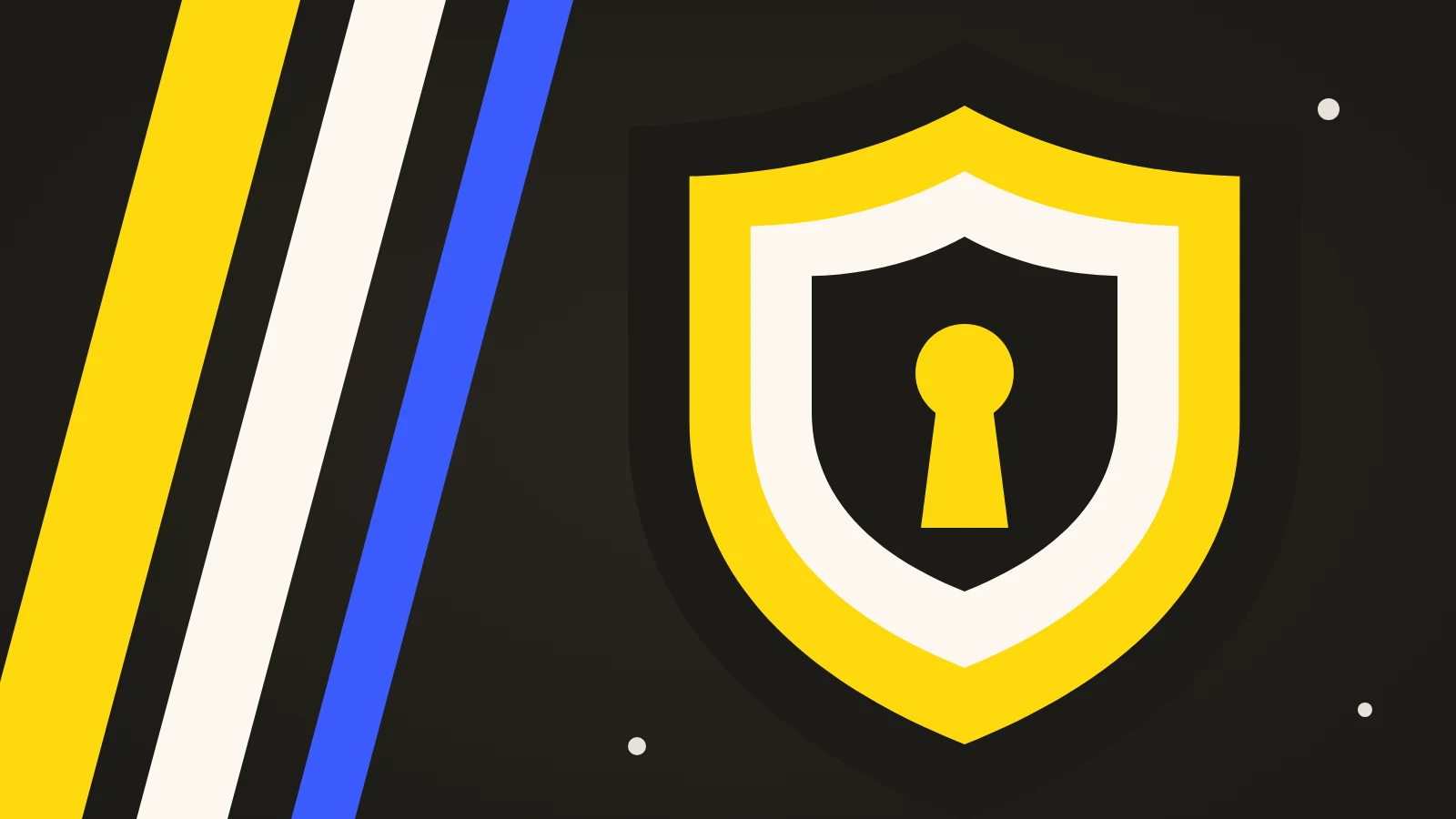 A yellow and cream shield with a keyhole on a dark background, beside diagonal yellow, cream and blue stripes.