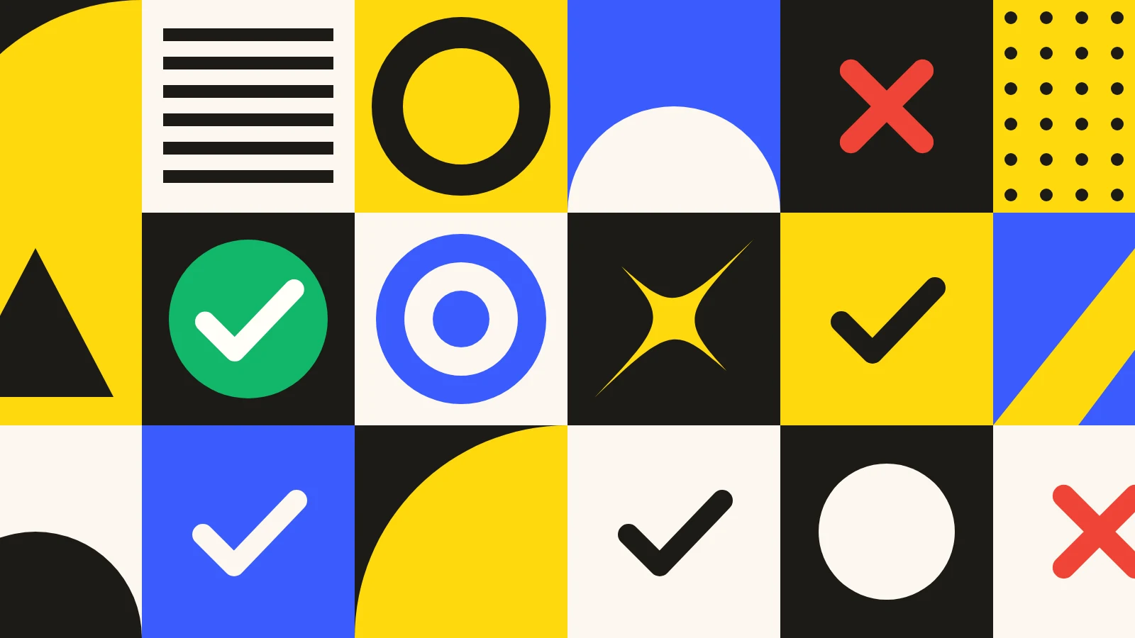 Flat geometric tiles in yellow, ink, cream and blue, mostly check marks with two red crosses and the Pipecorn star, like calls graded right or wrong