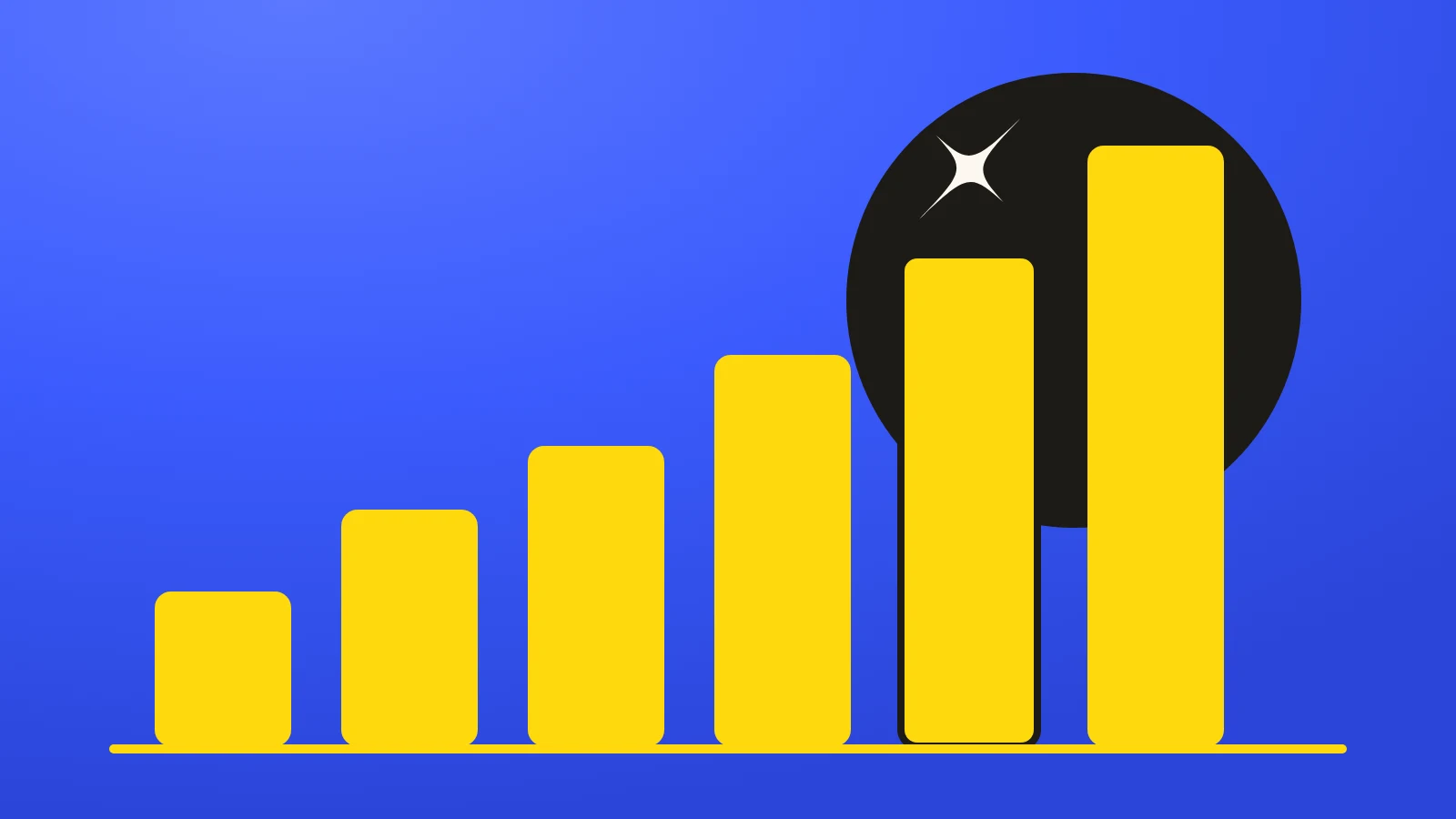 Flat yellow bars rising step by step on a blue field, with an ink circle and the Pipecorn star behind the tallest, like a score that improves week after week