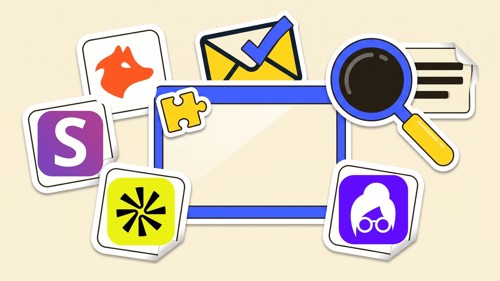 Vinyl stickers on cream around an empty browser window: a puzzle piece, an envelope with a green check, a magnifying glass and the Hunter, Snov.io, Apollo and Lusha logos