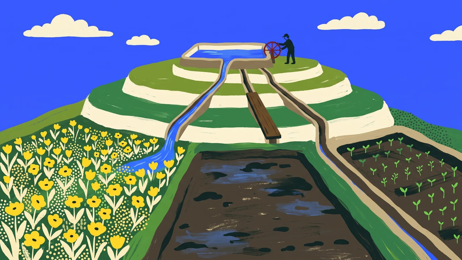 A painted terraced garden: a small figure turns a valve to send water to the plot of yellow flowers while the channel to a soaked bare plot is closed.