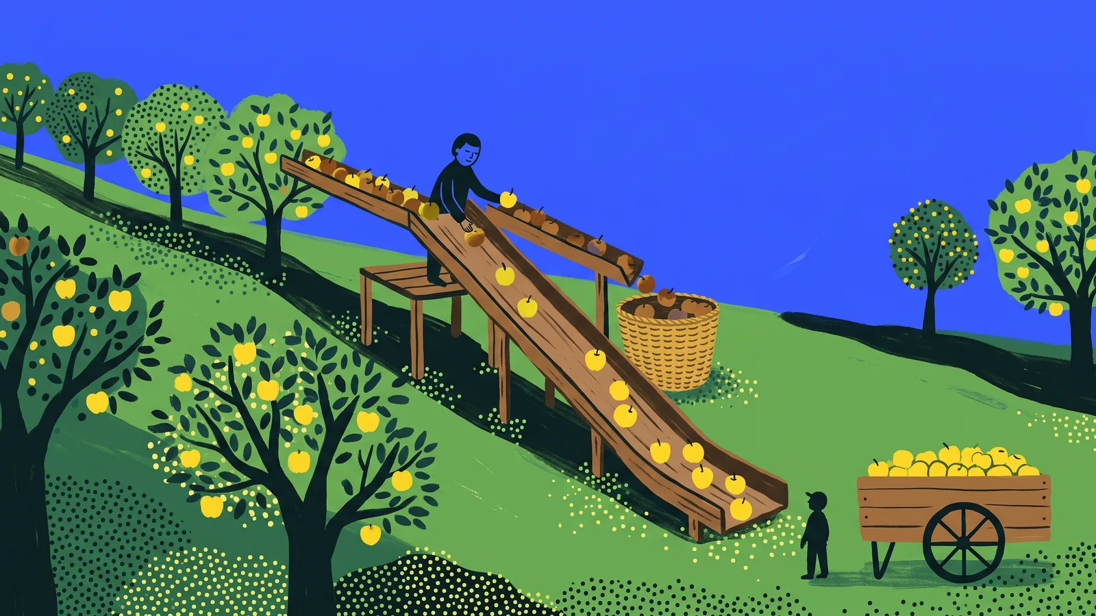 A painted orchard: a small figure on a wooden chute sorts apples, the bruised ones drop into a basket and the yellow ones roll on to a waiting cart.