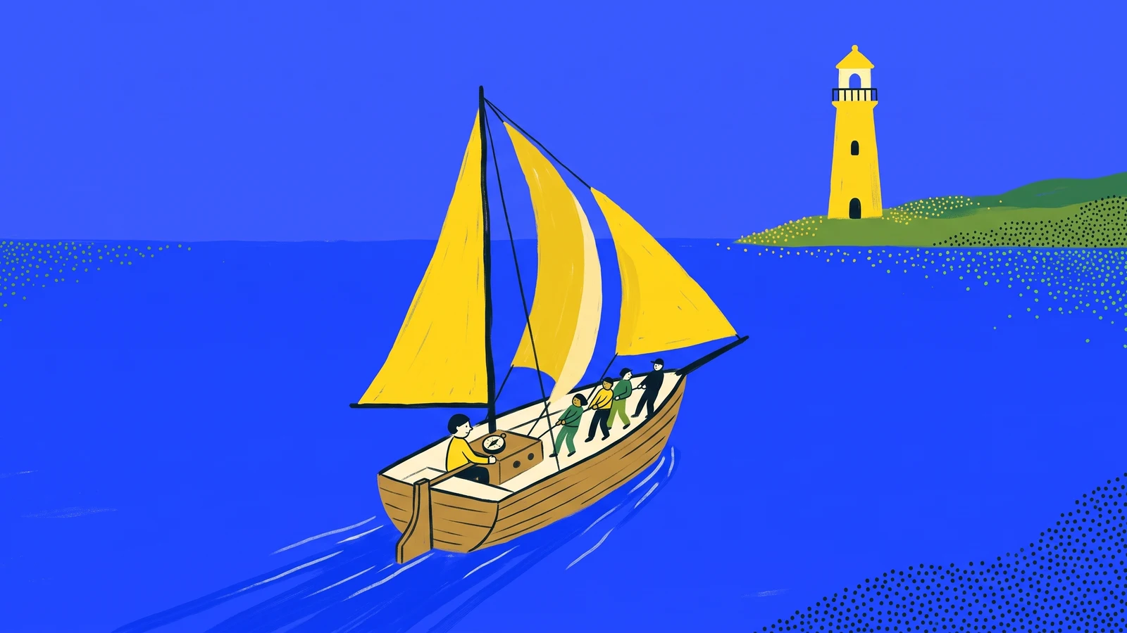 A painted sailboat: a small figure at the helm checks a compass while four crew members trim the sails together, heading for a yellow lighthouse.