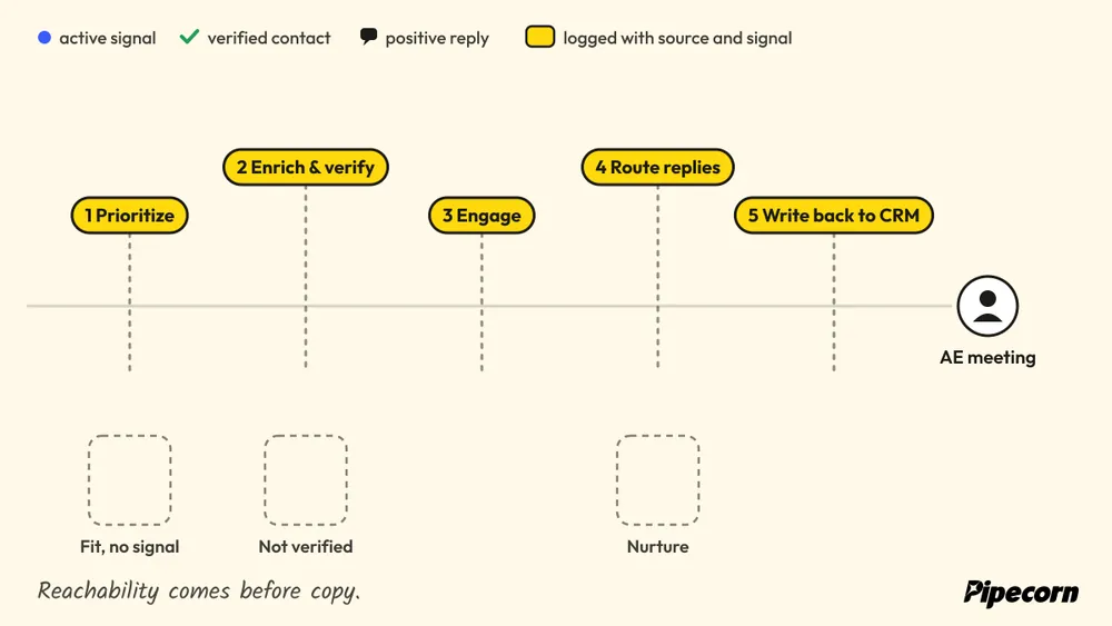Animated diagram: accounts move through prioritize, enrich and verify, engage, route replies and CRM write-back, and the ones that pass reach an AE meeting.