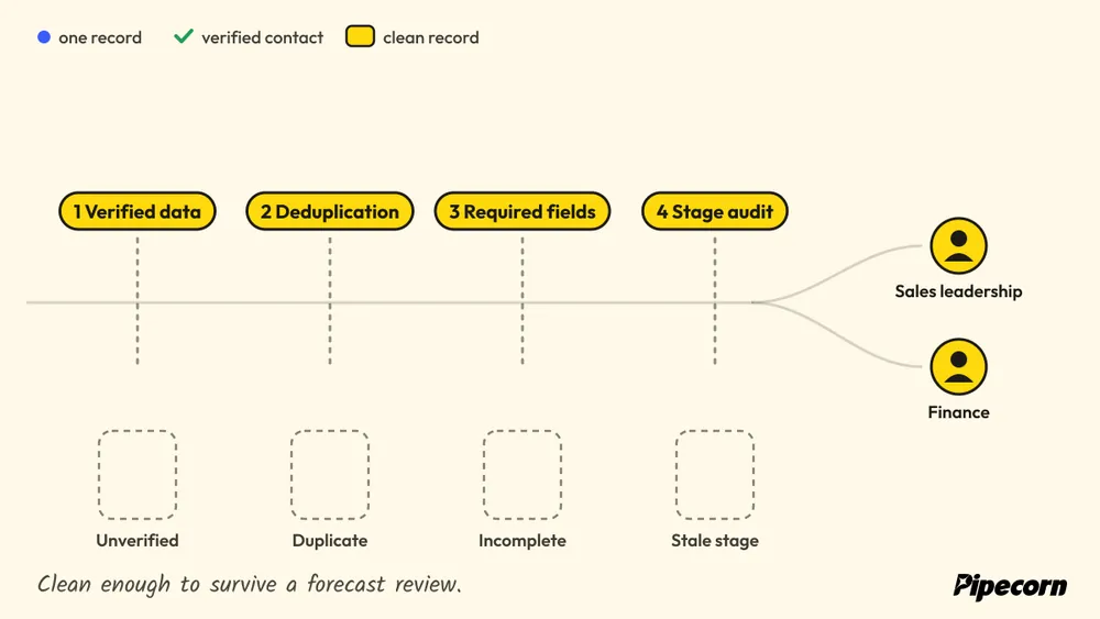 Animated diagram: records cross four CRM controls, the ones that fail drop into labeled trays, and clean records reach sales leadership and finance.