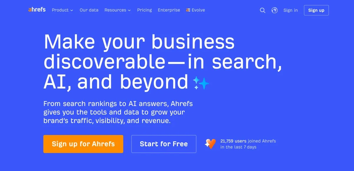 Ahrefs home page: an AI marketing platform built on its own index of the web