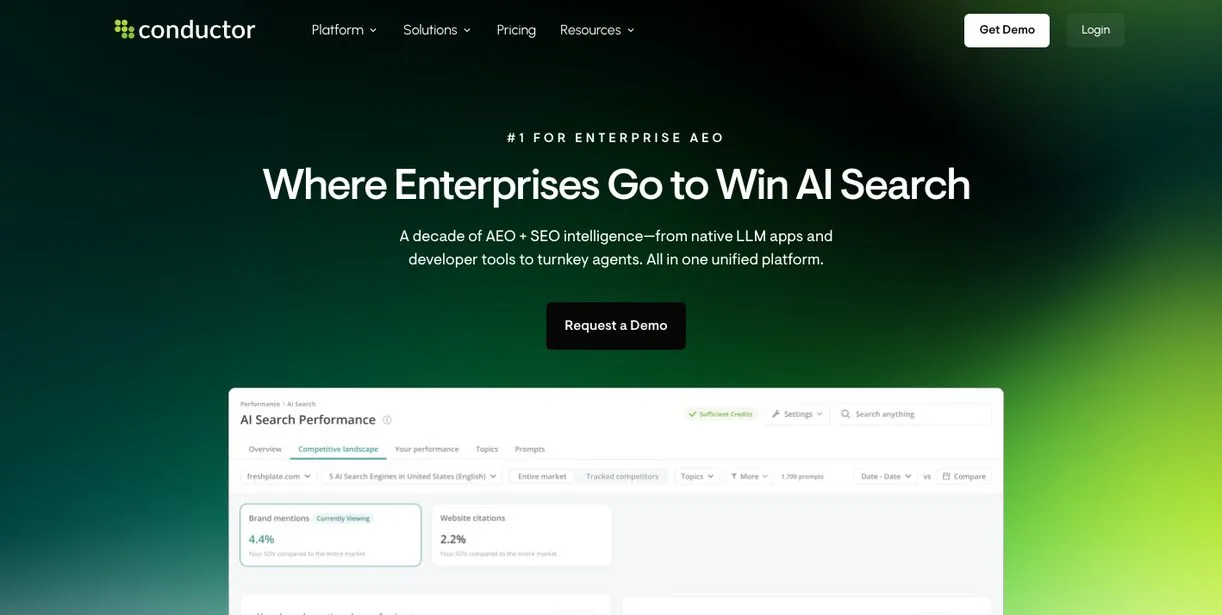 Conductor home page: an enterprise platform for AEO and SEO
