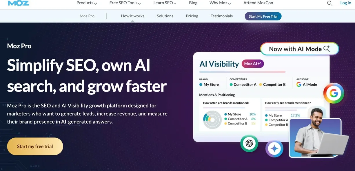 Moz Pro page: an SEO and AI visibility platform for marketers
