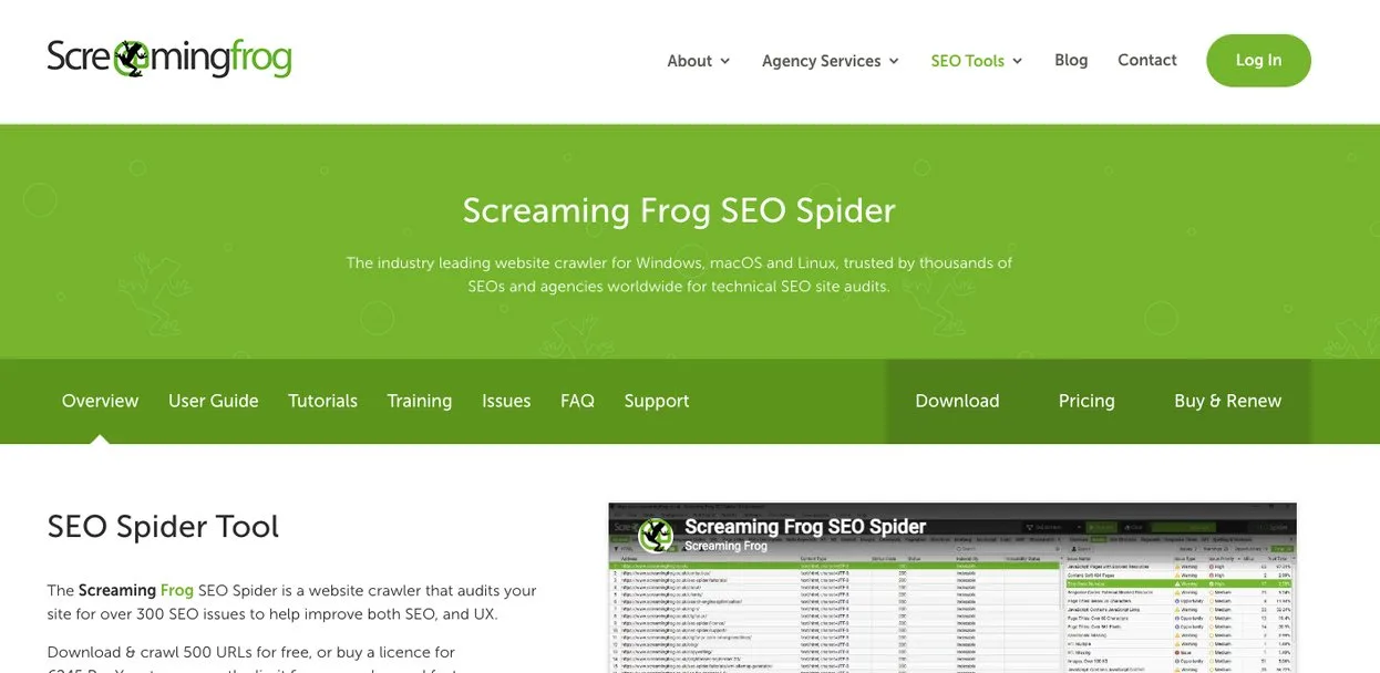 Screaming Frog SEO Spider page: a website crawler for technical SEO audits
