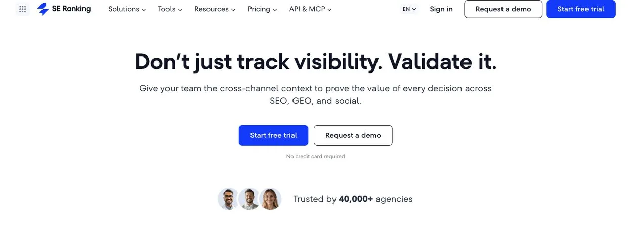 SE Ranking home page: an SEO and GEO platform for agencies and businesses