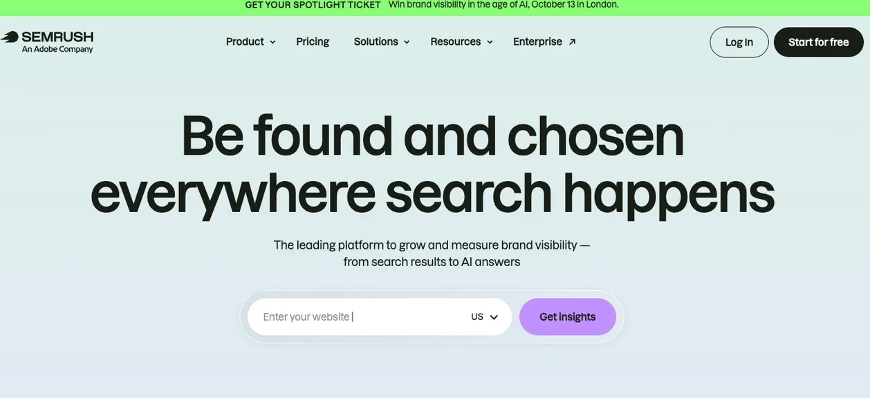 Semrush home page: the unified SEO and AI search solution