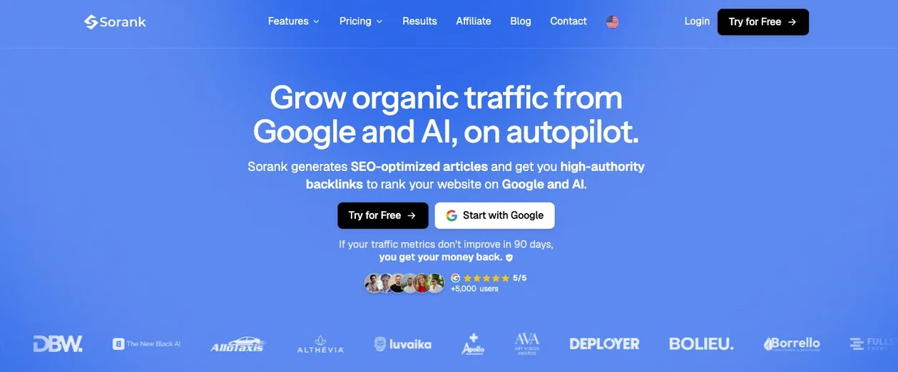 Sorank home page: grow organic traffic from Google and AI assistants on autopilot