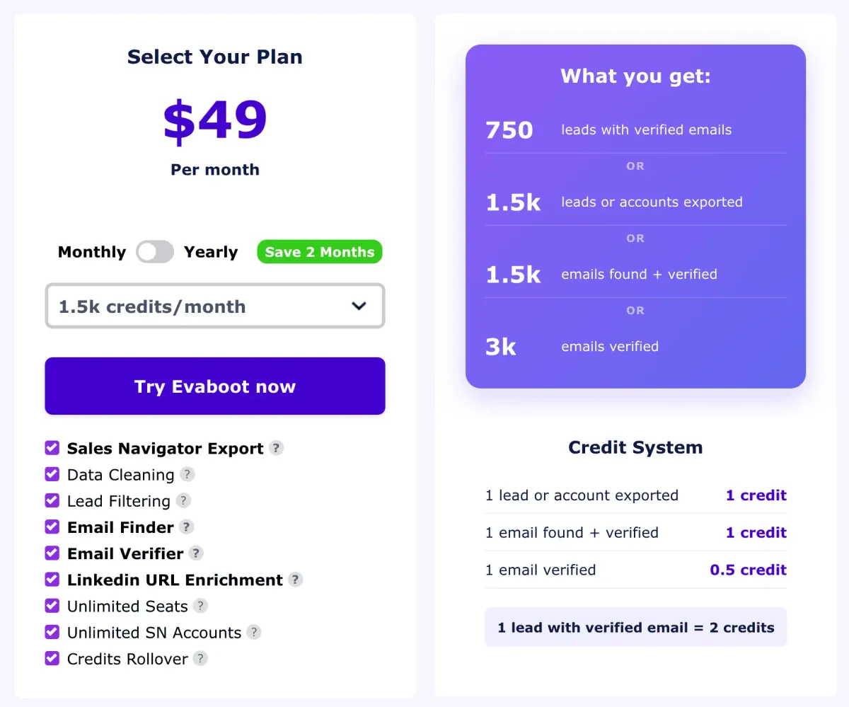 Evaboot  pricing page screenshot