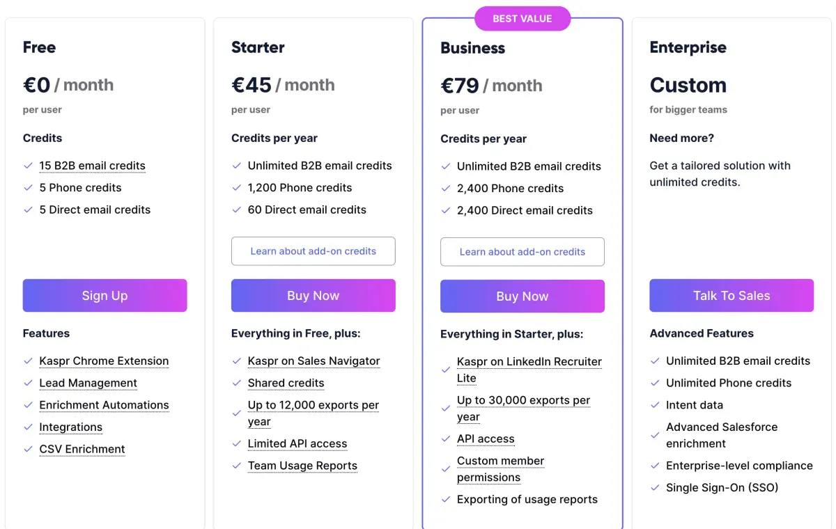 Kaspr  pricing page screenshot
