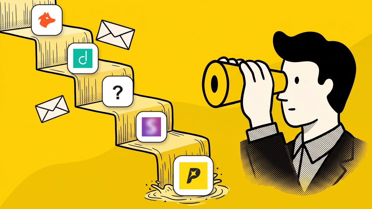 Waterfall enrichment illustration: data-provider logos cascading down a stepped waterfall into Pipecorn while a character watches through binoculars