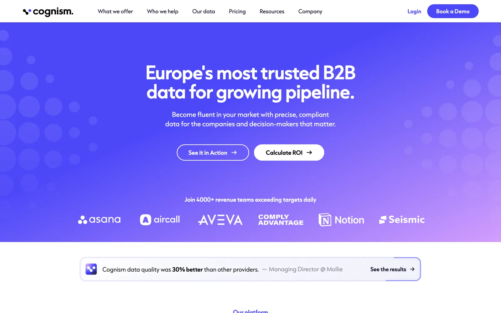 Cognism's homepage: βEurope's most trusted B2B data for growing pipelineβ, with See it in Action and Calculate ROI buttons and customer logos